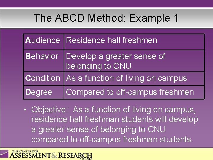 The ABCD Method: Example 1 Audience Residence hall freshmen Behavior Develop a greater sense