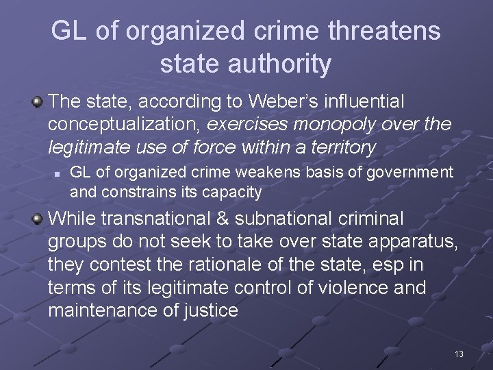 GL of organized crime threatens state authority The state, according to Weber’s influential conceptualization,