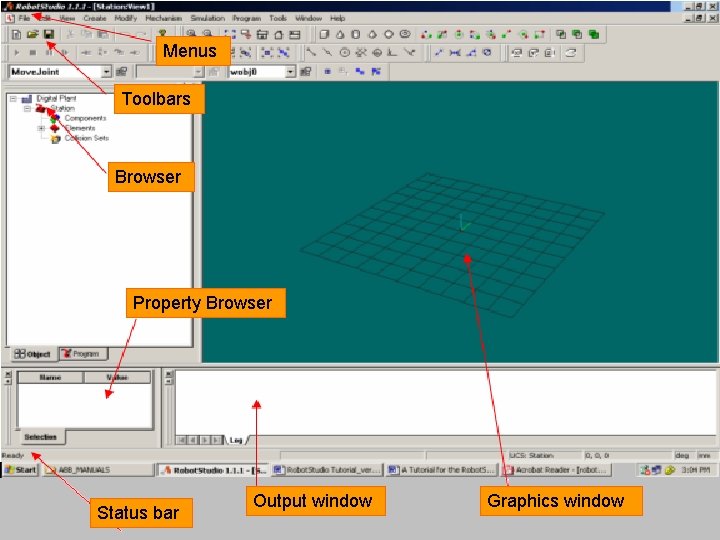 Menus Toolbars Browser Property Browser Status bar Output window Graphics window Menus Toolbars Browser Property Browser Status bar Output window Graphics window