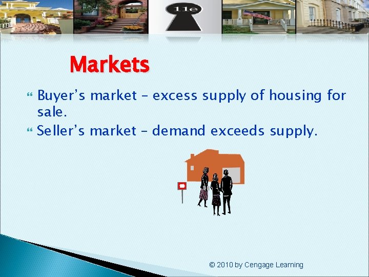 Markets Buyer’s market – excess supply of housing for sale. Seller’s market – demand