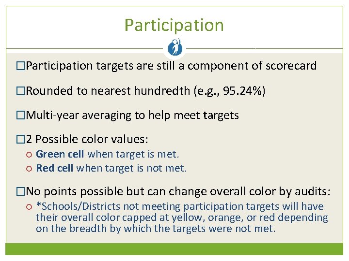 Participation �Participation targets are still a component of scorecard �Rounded to nearest hundredth (e.