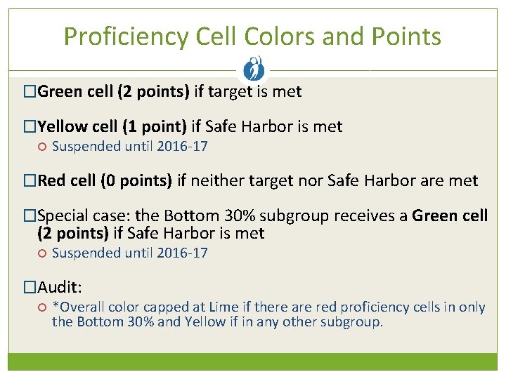 Proficiency Cell Colors and Points �Green cell (2 points) if target is met �Yellow