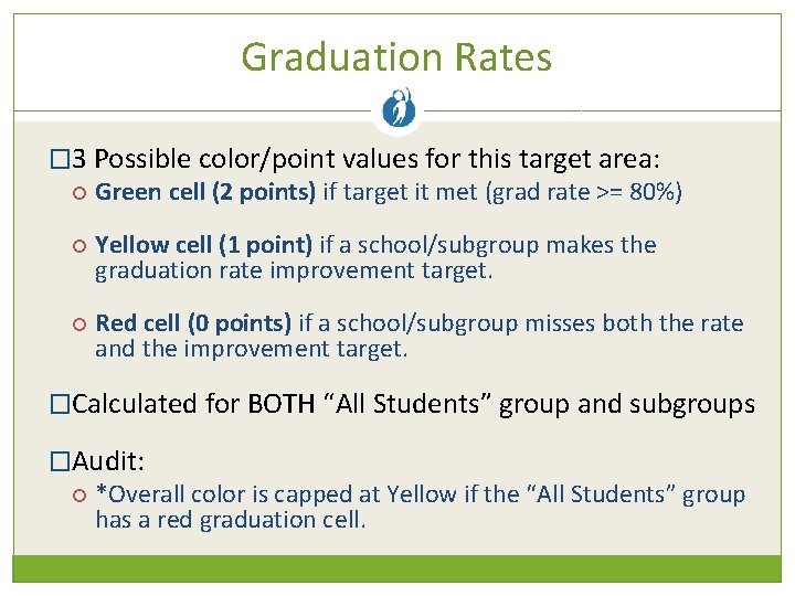 Graduation Rates � 3 Possible color/point values for this target area: Green cell (2