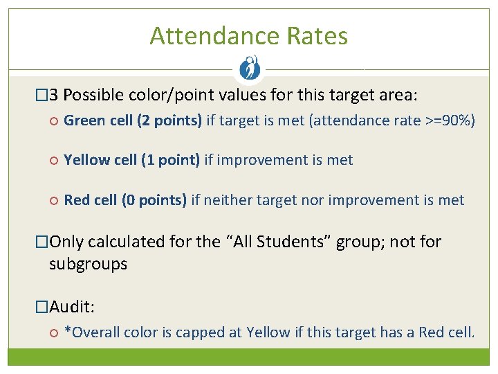 Attendance Rates � 3 Possible color/point values for this target area: Green cell (2