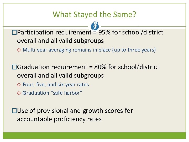 What Stayed the Same? �Participation requirement = 95% for school/district overall and all valid