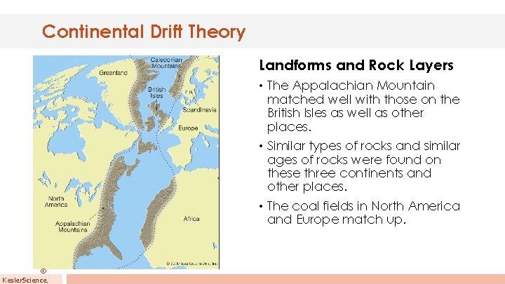 Continental Drift Theory Landforms and Rock Layers • The Appalachian Mountain matched well with Continental Drift Theory Landforms and Rock Layers • The Appalachian Mountain matched well with