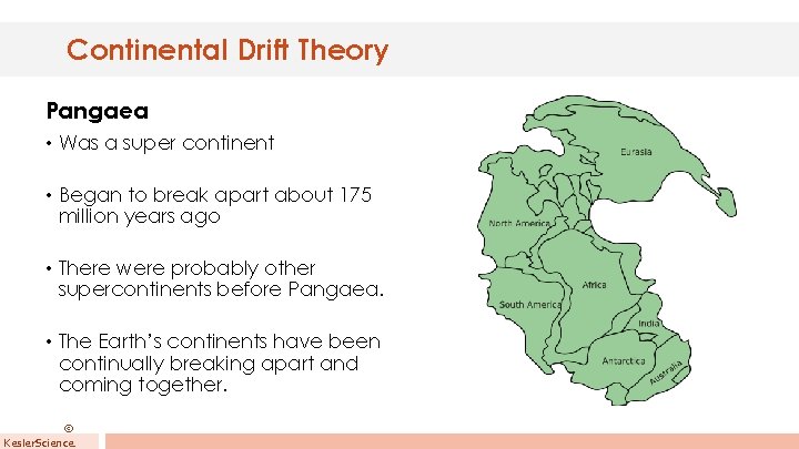Continental Drift Theory Pangaea • Was a super continent • Began to break apart
