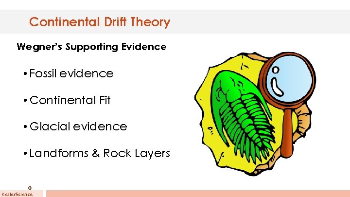 Continental Drift Theory Wegner’s Supporting Evidence • Fossil evidence • Continental Fit • Glacial Continental Drift Theory Wegner’s Supporting Evidence • Fossil evidence • Continental Fit • Glacial