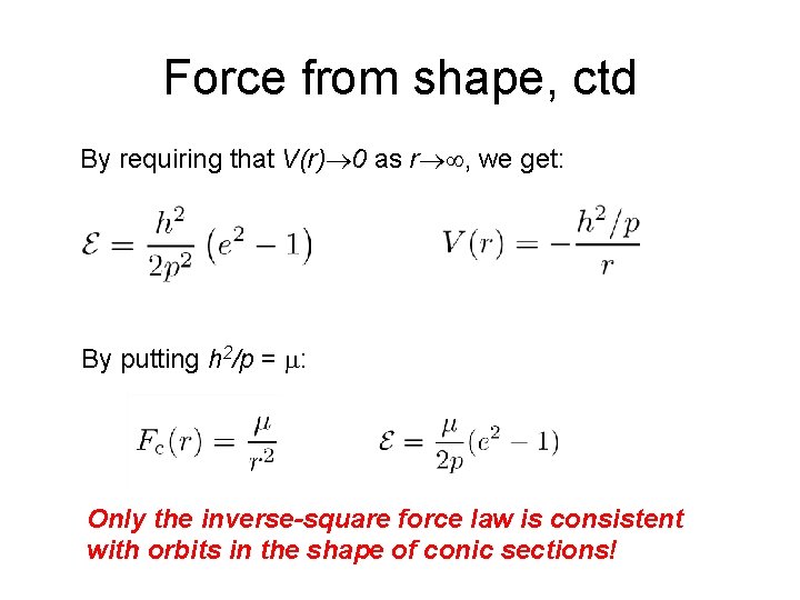 Force from shape, ctd By requiring that V(r) 0 as r , we get: