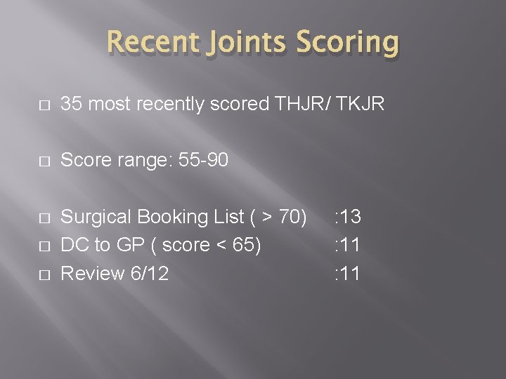 Recent Joints Scoring � 35 most recently scored THJR/ TKJR � Score range: 55