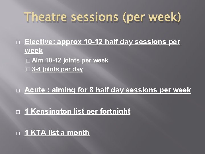 Theatre sessions (per week) � Elective: approx 10 -12 half day sessions per week