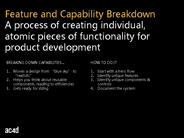 Feature and Capability Breakdown A process of creating individual, atomic pieces of functionality for