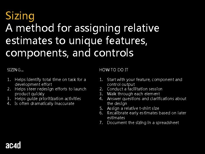 Sizing A method for assigning relative estimates to unique features, components, and controls SIZING…