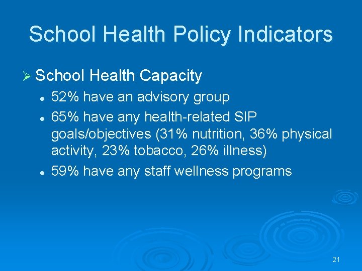 School Health Policy Indicators Ø School Health Capacity l l l 52% have an