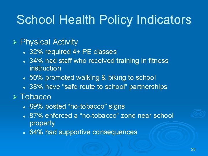 School Health Policy Indicators Ø Physical Activity l l Ø 32% required 4+ PE