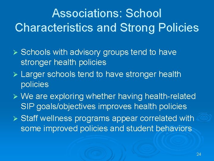 Associations: School Characteristics and Strong Policies Schools with advisory groups tend to have stronger