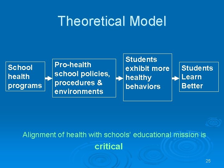Theoretical Model School health programs Pro-health school policies, procedures & environments Students exhibit more