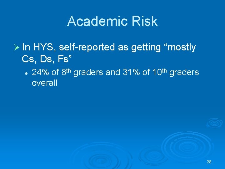 Academic Risk Ø In HYS, self-reported as getting “mostly Cs, Ds, Fs” l 24%