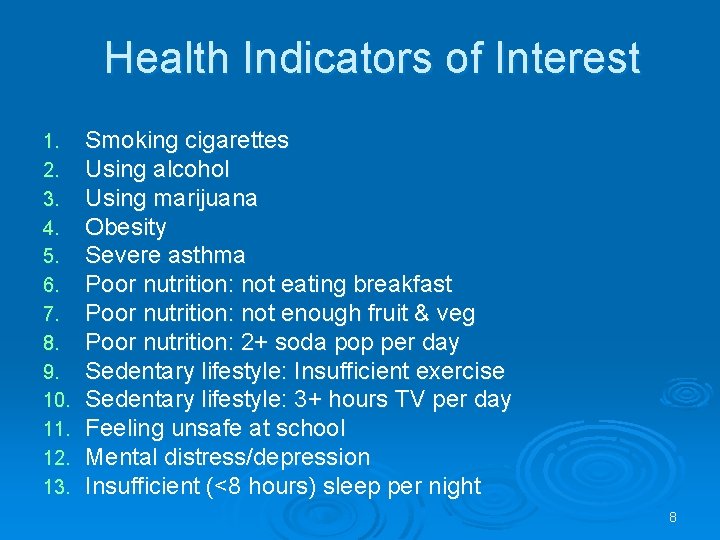 Health Indicators of Interest 1. 2. 3. 4. 5. 6. 7. 8. 9. 10.