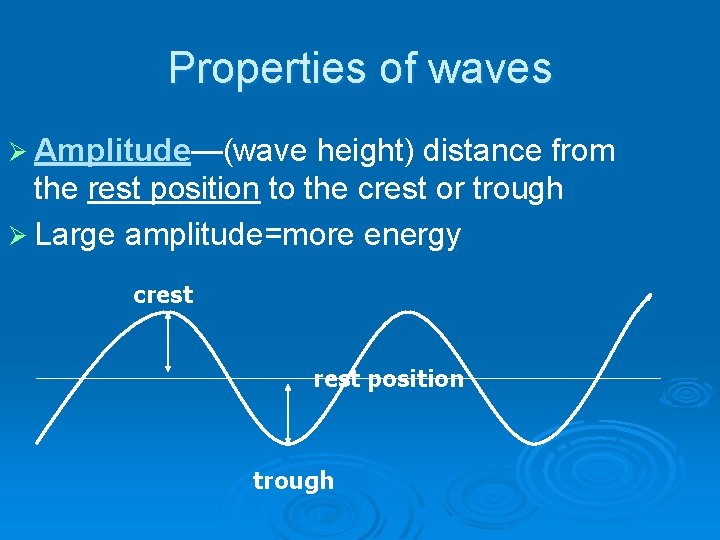 Properties of waves Ø Amplitude—(wave height) distance from the rest position to the crest