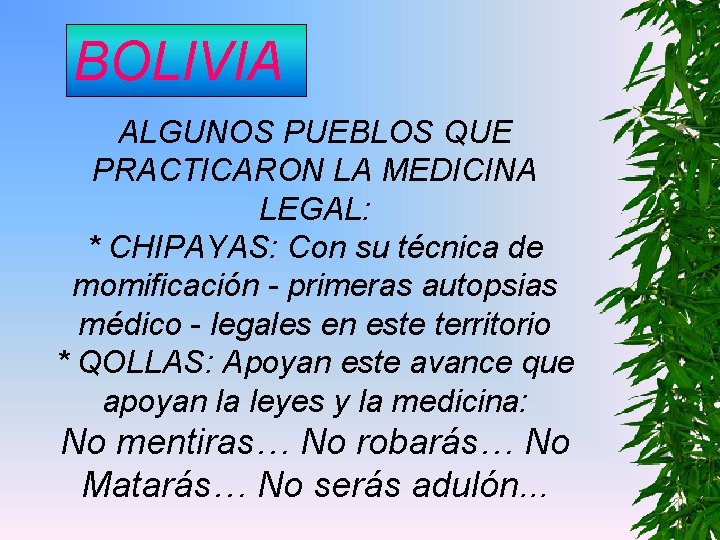 BOLIVIA ALGUNOS PUEBLOS QUE PRACTICARON LA MEDICINA LEGAL: * CHIPAYAS: Con su técnica de