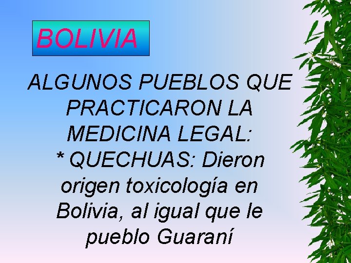 BOLIVIA ALGUNOS PUEBLOS QUE PRACTICARON LA MEDICINA LEGAL: * QUECHUAS: Dieron origen toxicología en