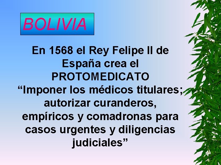 BOLIVIA En 1568 el Rey Felipe II de España crea el PROTOMEDICATO “Imponer los