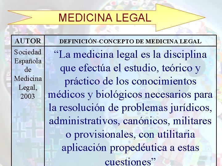 MEDICINA LEGAL AUTOR Sociedad Española de Medicina Legal, 2003 DEFINICIÓN-CONCEPTO DE MEDICINA LEGAL “La