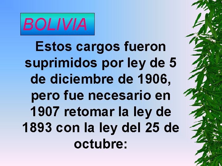 BOLIVIA Estos cargos fueron suprimidos por ley de 5 de diciembre de 1906, pero