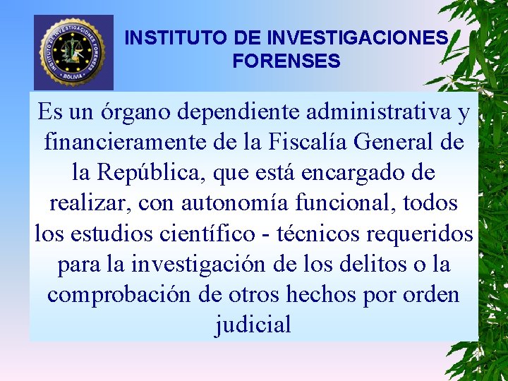 INSTITUTO DE INVESTIGACIONES FORENSES Es un órgano dependiente administrativa y financieramente de la Fiscalía