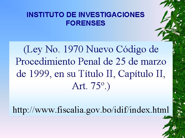 INSTITUTO DE INVESTIGACIONES FORENSES (Ley No. 1970 Nuevo Código de Procedimiento Penal de 25