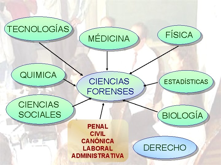 TECNOLOGÍAS MÉDICINA QUIMICA CIENCIAS FORENSES CIENCIAS SOCIALES FÍSICA ESTADÍSTICAS BIOLOGÍA PENAL CIVIL CANÓNICA LABORAL