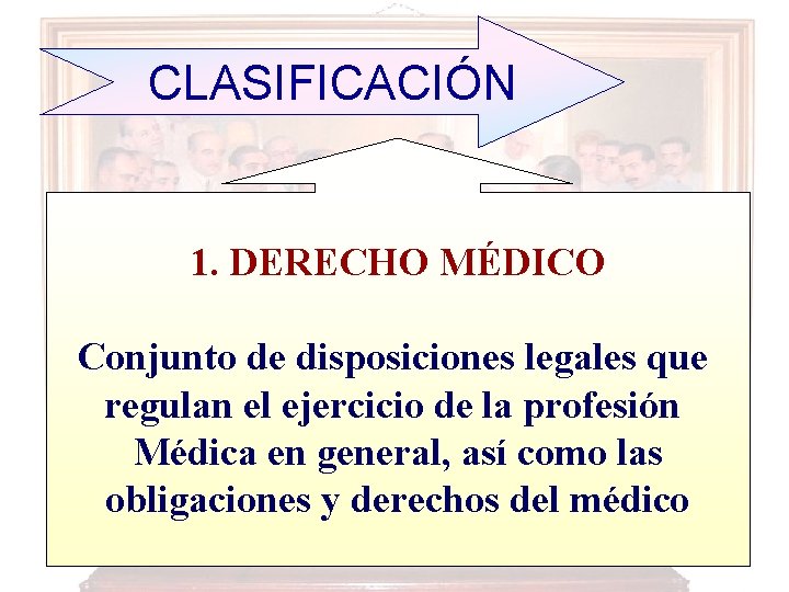 CLASIFICACIÓN 1. DERECHO MÉDICO Conjunto de disposiciones legales que regulan el ejercicio de la