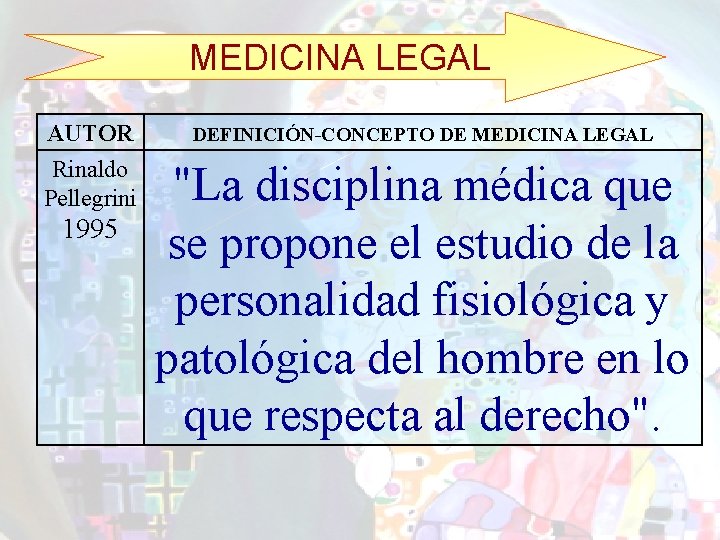 MEDICINA LEGAL AUTOR Rinaldo Pellegrini 1995 DEFINICIÓN-CONCEPTO DE MEDICINA LEGAL "La disciplina médica que