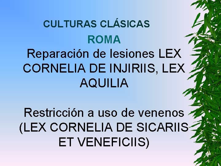 CULTURAS CLÁSICAS ROMA Reparación de lesiones LEX CORNELIA DE INJIRIIS, LEX AQUILIA Restricción a