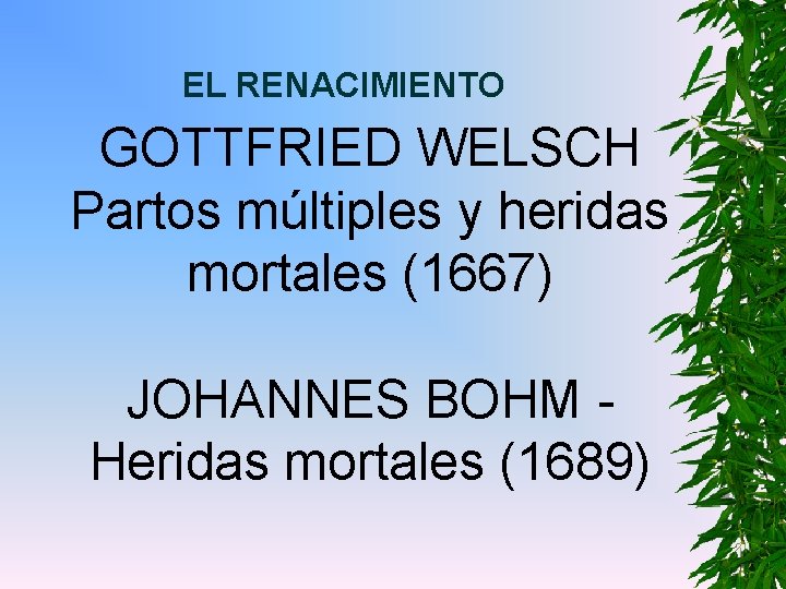 EL RENACIMIENTO GOTTFRIED WELSCH Partos múltiples y heridas mortales (1667) JOHANNES BOHM Heridas mortales