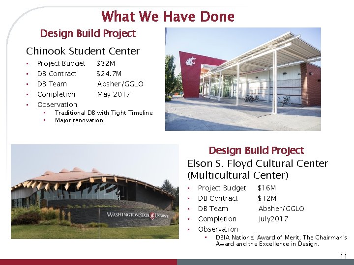 What We Have Done Design Build Project Chinook Student Center • • • Project