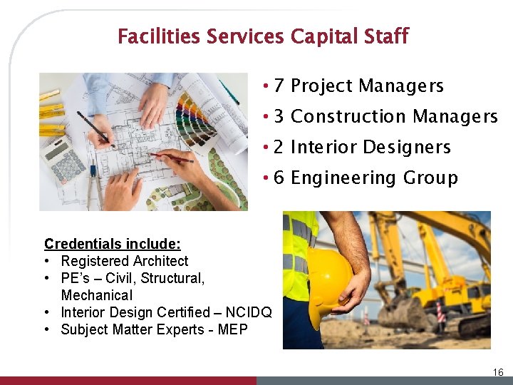 Facilities Services Capital Staff • 7 Project Managers • 3 Construction Managers • 2