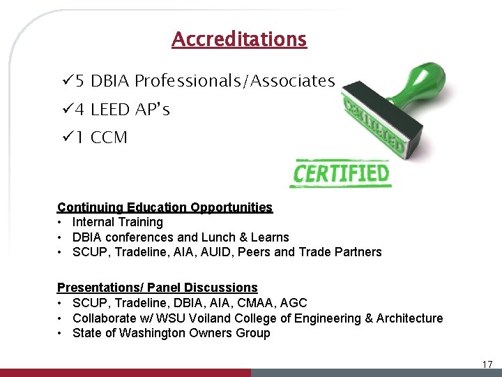 Accreditations ü 5 DBIA Professionals/Associates ü 4 LEED AP’s ü 1 CCM Continuing Education