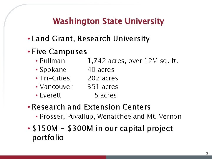 Washington State University • Land Grant, Research University • Five Campuses • Pullman •