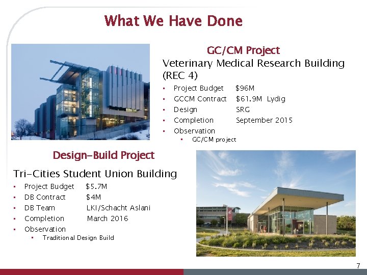 What We Have Done GC/CM Project Veterinary Medical Research Building (REC 4) • •