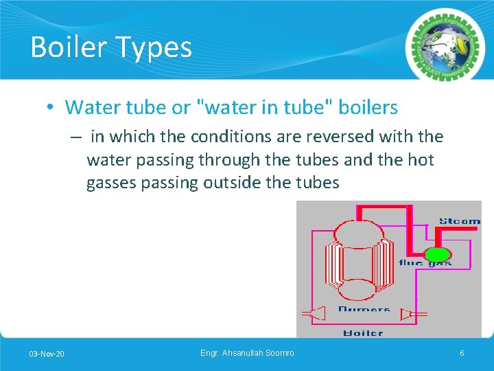 Boiler Types • Water tube or "water in tube" boilers – in which the