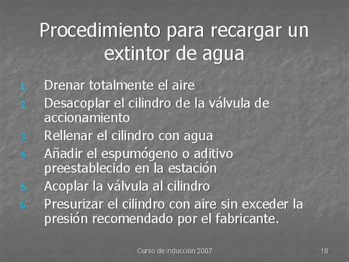 Procedimiento para recargar un extintor de agua 1. 2. 3. 4. 5. 6. Drenar