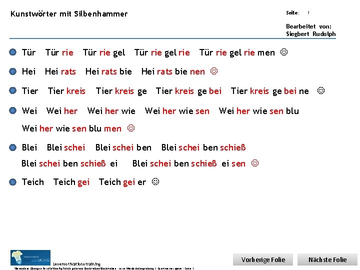 Übungsart: Kunstwörter mit Silbenhammer Seite: 3 Bearbeitet von: Siegbert Rudolph Tür rie Hei rats