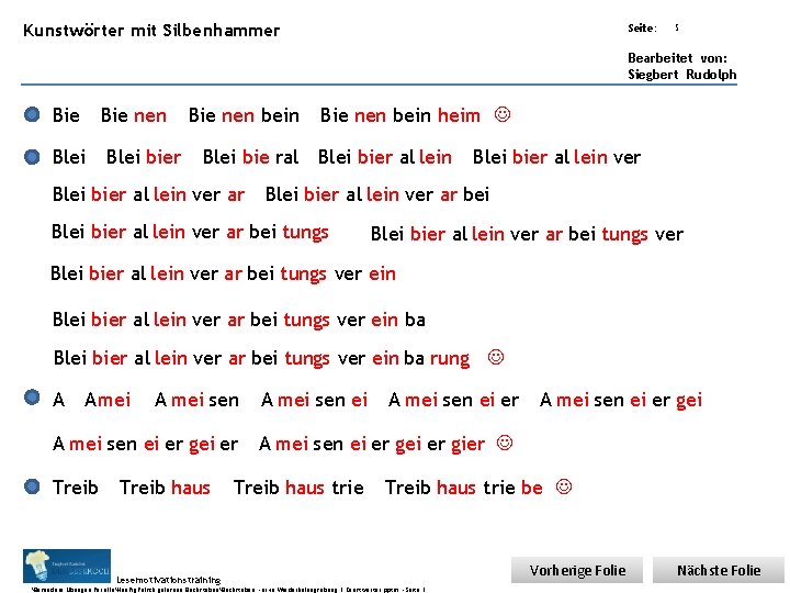 Übungsart: Kunstwörter mit Silbenhammer Seite: 5 Bearbeitet von: Siegbert Rudolph Bie nen Blei bier