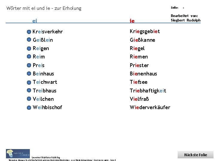 Wörter mit ei und ie – zur Erholung Übungsart: Titel: Quelle: ei Seite: ie