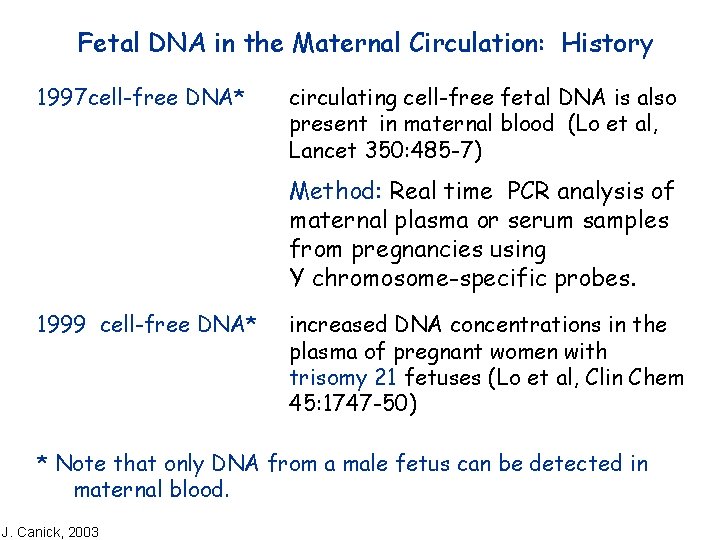 Fetal DNA in the Maternal Circulation: History 1997 cell-free DNA* circulating cell-free fetal DNA