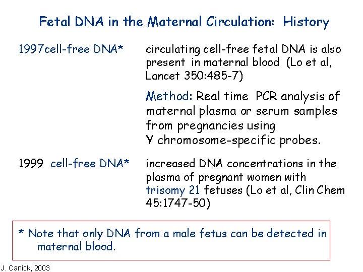 Fetal DNA in the Maternal Circulation: History 1997 cell-free DNA* circulating cell-free fetal DNA