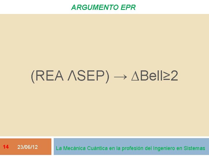 ARGUMENTO EPR (REA ΛSEP) → ∆Bell≥ 2 14 23/06/12 La Mecánica Cuántica en la