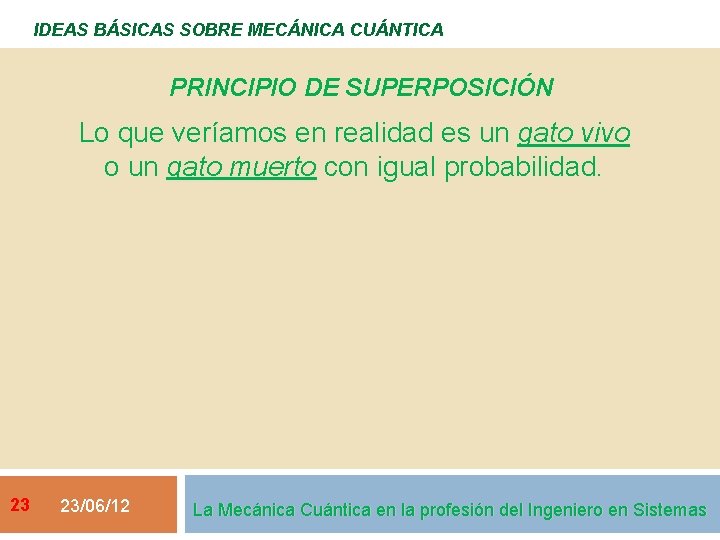 IDEAS BÁSICAS SOBRE MECÁNICA CUÁNTICA PRINCIPIO DE SUPERPOSICIÓN Lo que veríamos en realidad es